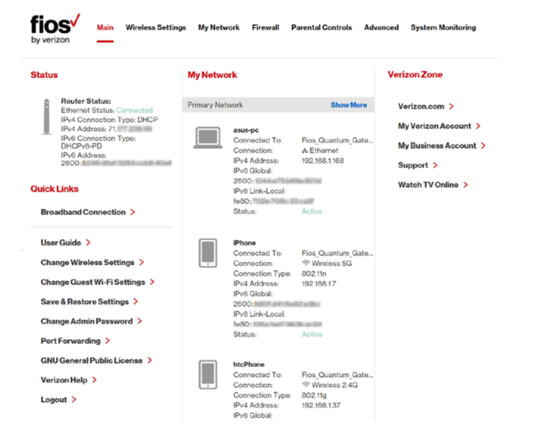 myfiosgateway router setting admin